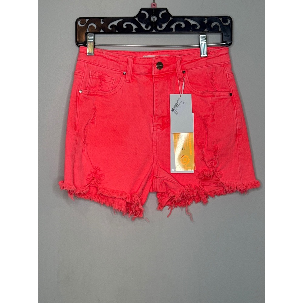 Risen Los Angeles Coral Pink Distressed Denim Shorts Frayed Hem RDS6099 Womens S